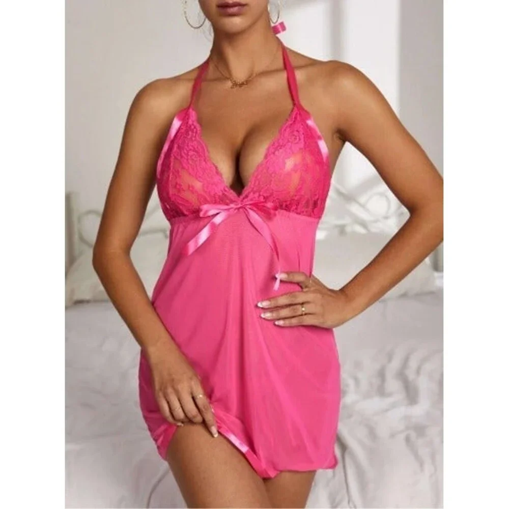 Size 10 Large Contrast Lace Mesh Baby Doll With Thong